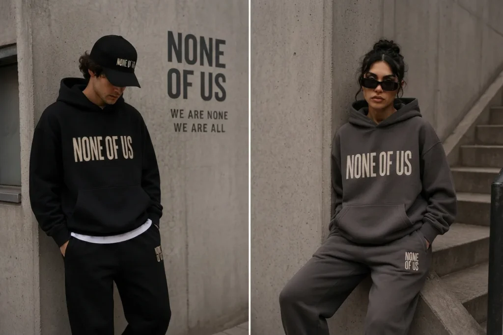 Sustainable streetwear brand None Of Us featuring eco-friendly hoodies and clothing in an urban setting.