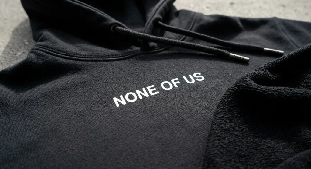 Macro detail of NONE OF US charcoal black heavy-weighted cotton fabric and chest logo print