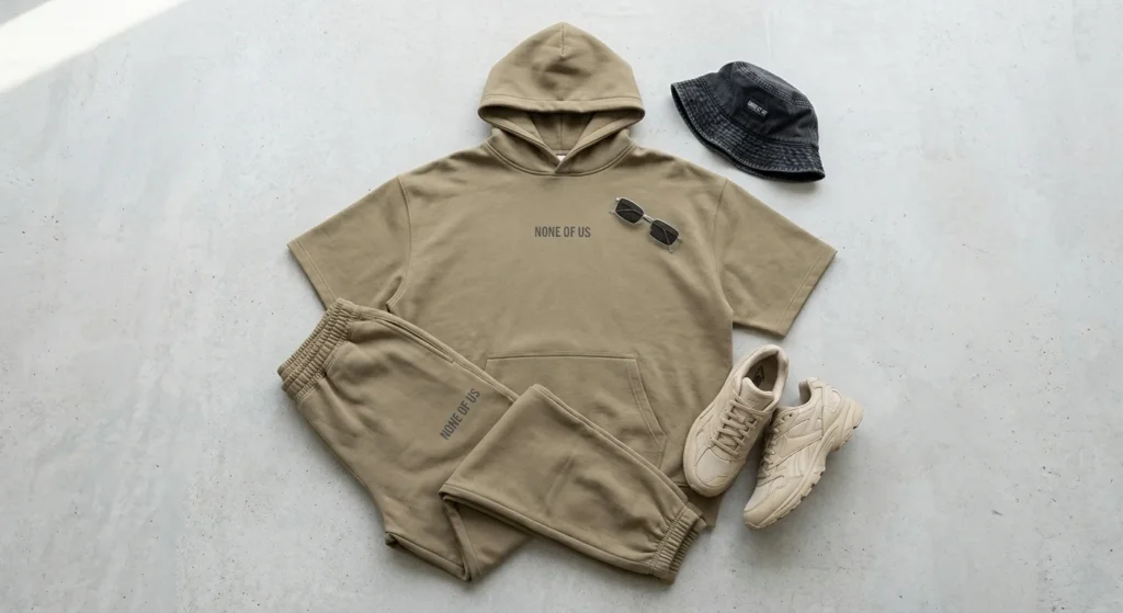 NONE OF US matching khaki short sleeve hoodie and tracksuit outfit flat lay