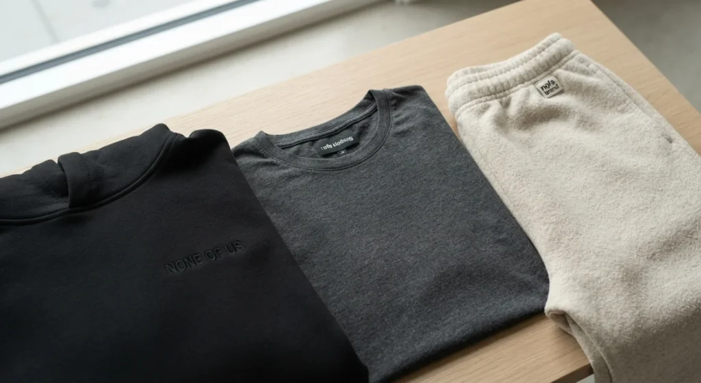 Flat lay of sustainable None Of Us apparel, including a black organic cotton nofs hoodie, a charcoal gray t-shirt, and oatmeal hemp-blend nofs clothing sweatpants, highlighting fabric textures.