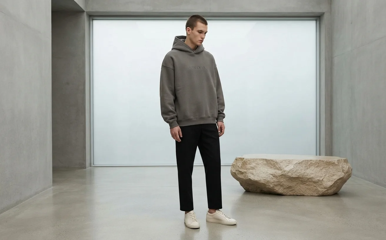 Model wearing an oversized grey hoodie paired with dark trousers and minimalist sneakers in a clean, modern studio setting